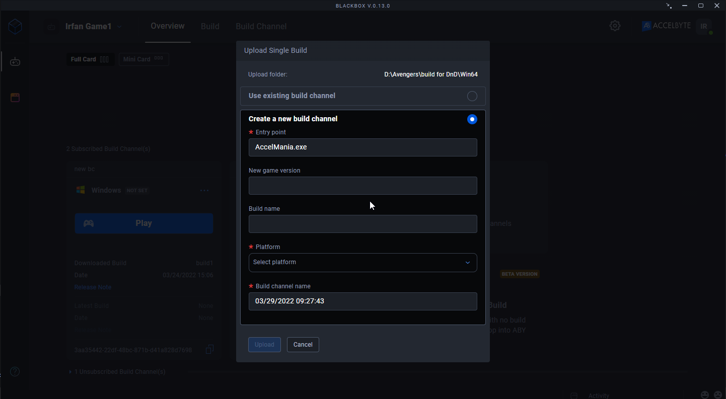 Upload single build panel