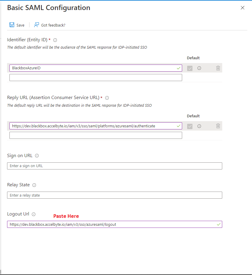 Basic SAML URL Configuration Logout URL