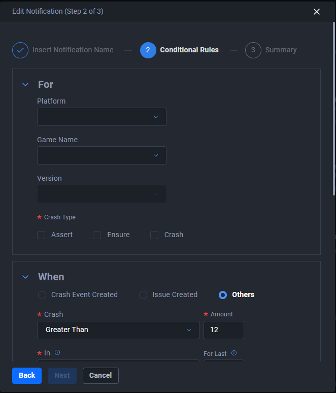 Image shows the Conditional Rules on the Eidt Notification Step 2 of 3 page