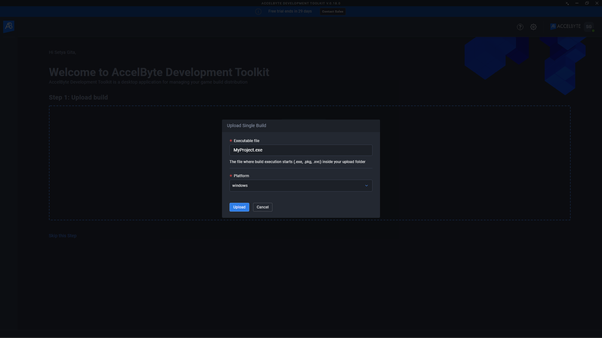 ADT&#39;s Upload Single Build window