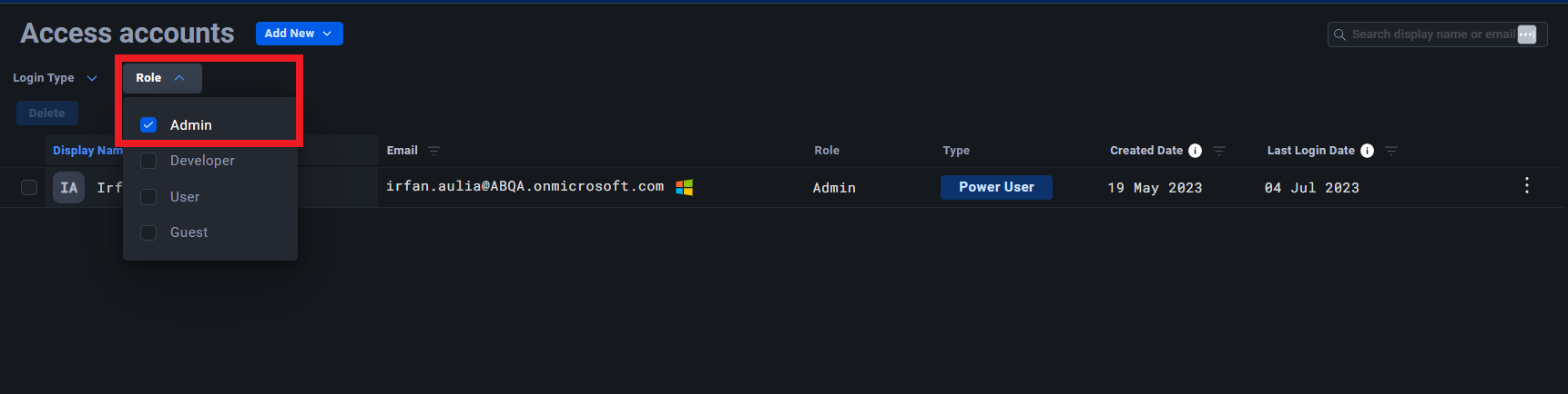 Filter accounts by Azure SSO and admin role