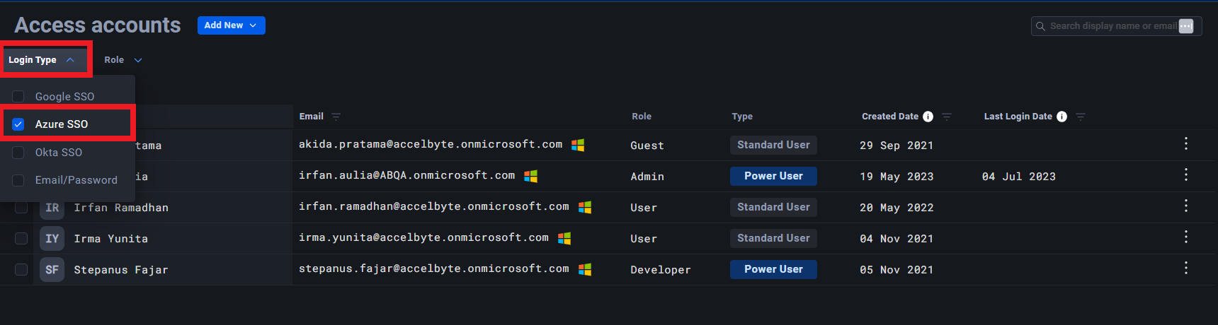Filter accounts by Azure SSO