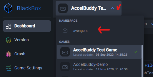 Dashboard panel showing Namespace settings