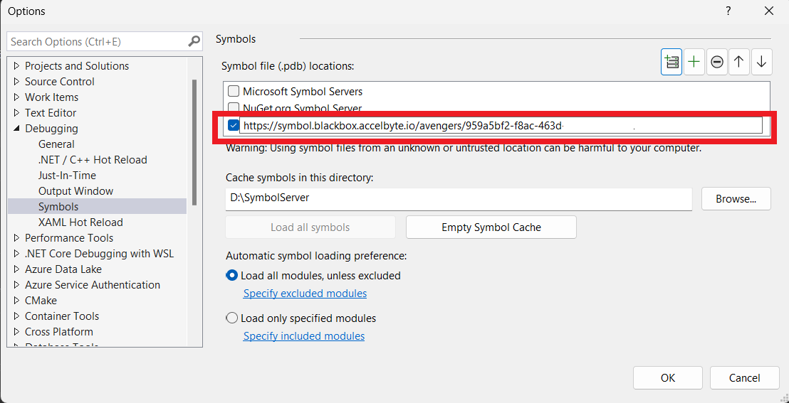 Image shows pasting the symbol server URL and ticking the checkbox